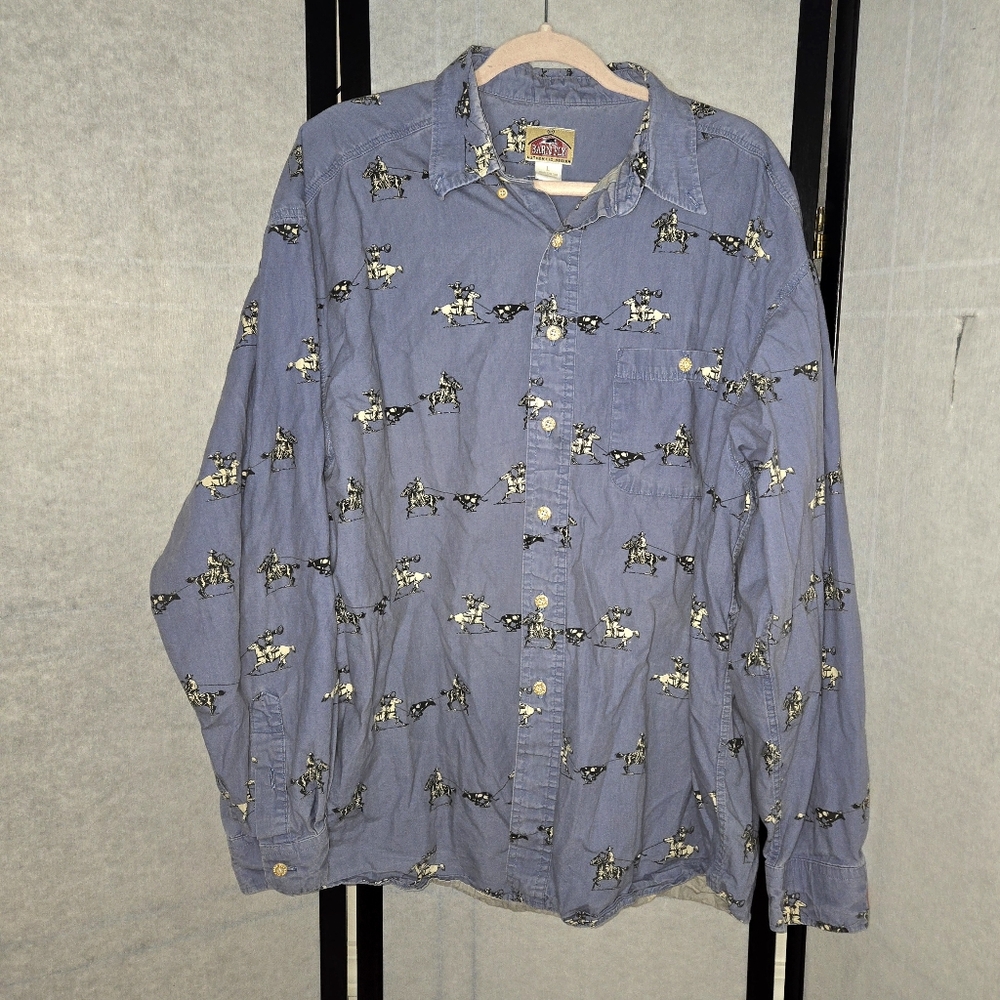 Barn Fly Men's Long Sleeve Shirt Size XL Blue Western Cowboy Print Button-Up